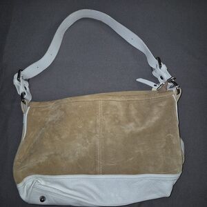 Two-Tone Suede and Leather Shoulder Bag in Tan and White